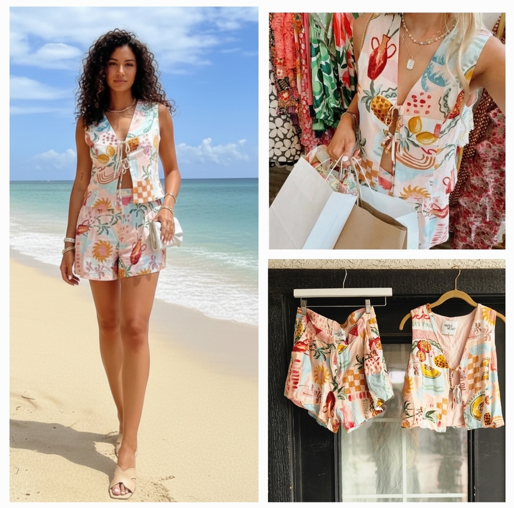 Paper Heart Tie Front Top Linen & Shorts Blend Set